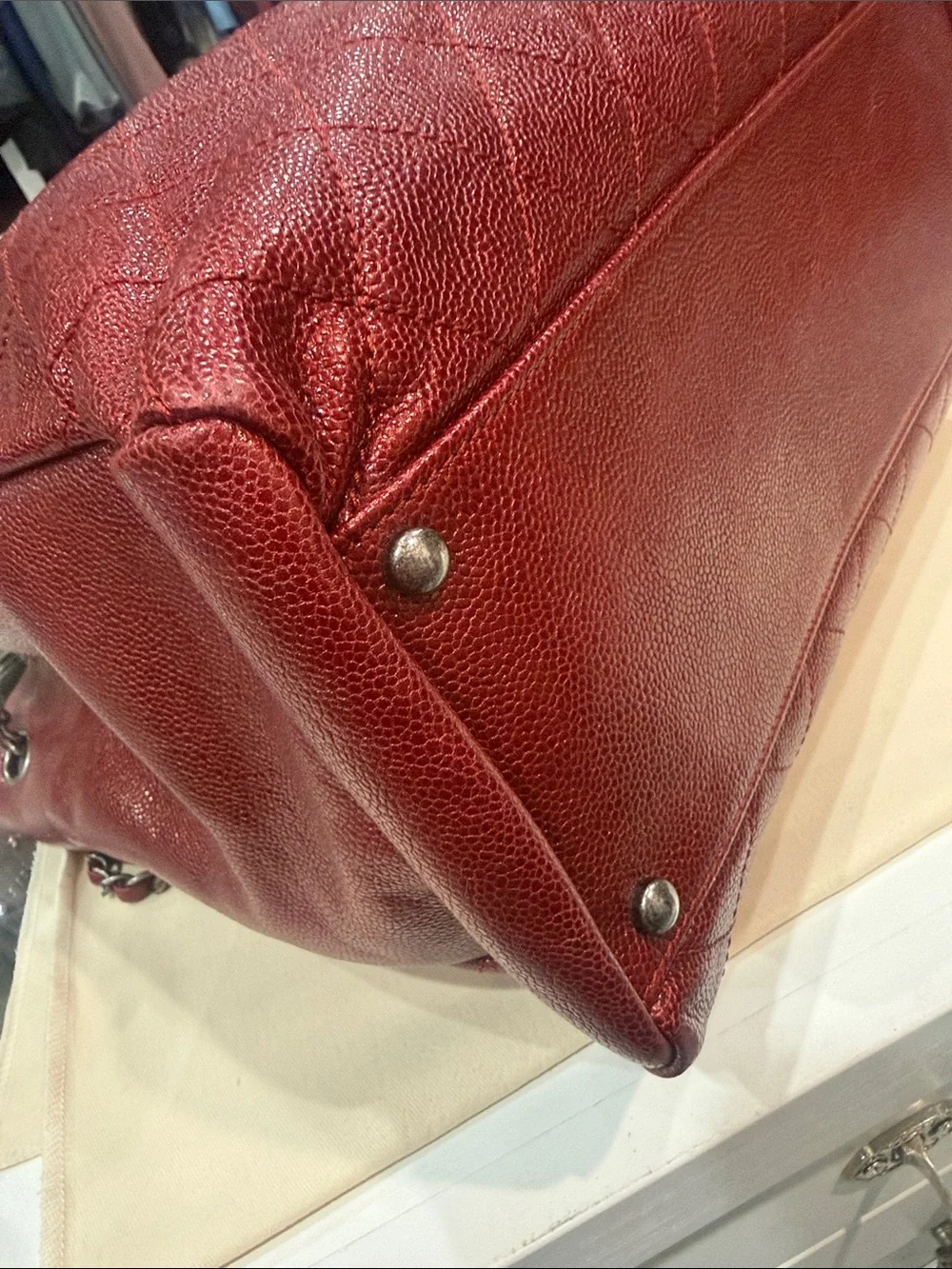 CHANEL Burgundy Quilted Leather Tote with Chain-Interlaced Straps